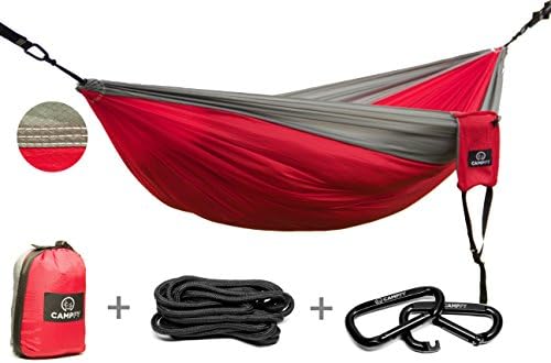 Double Camping Hammock &amp; Carabiners - Soft Comfortable Breathable Tear Resistant Lightweight Portable - 70D Diamond Weave Ripstop Parachute Nylon - Gear For Camping, Travel, Survival, Beach by CAMPFY