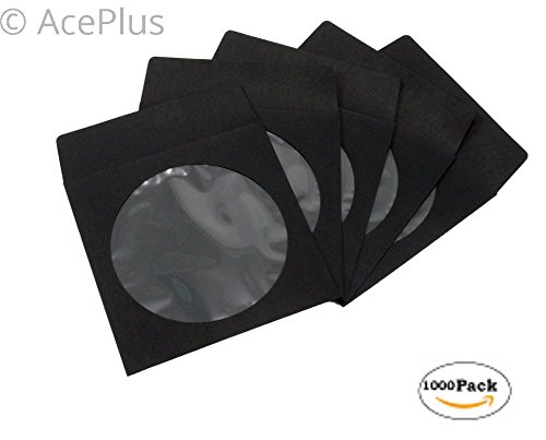 1,000 Pack AcePlus Premium Thick 100g Black Color Paper CD DVD Blu-ray Disc Sleeves Envelope with Window Cut Out and Flap, Heavy Weight.
