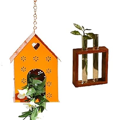Pottery Studio Orange Hanging Metal Bird House & Wall Hanging Wooden and Glass Planter Tubes with Holder for Home Decor,(Pack of 2)_(PS-BIRDHOUSE-06)