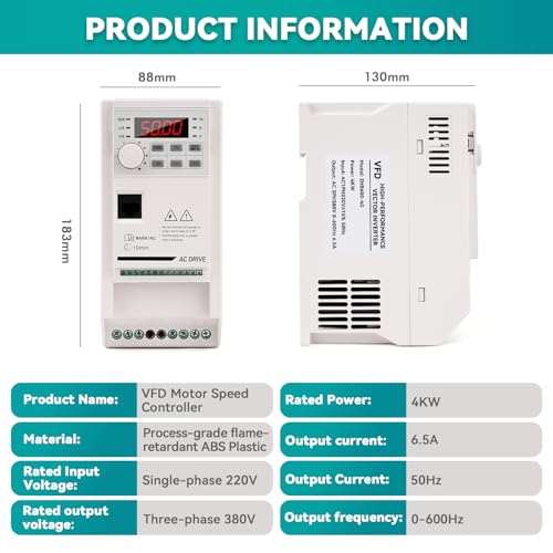 Inverter 220 V Variable Frequency Drive 4KW VFD Frequency Converter Single Phase Input 220 V Output Three Phase 380 V CNC Motor Speed Controller ZHB600-4KW Extension Cable 2 m