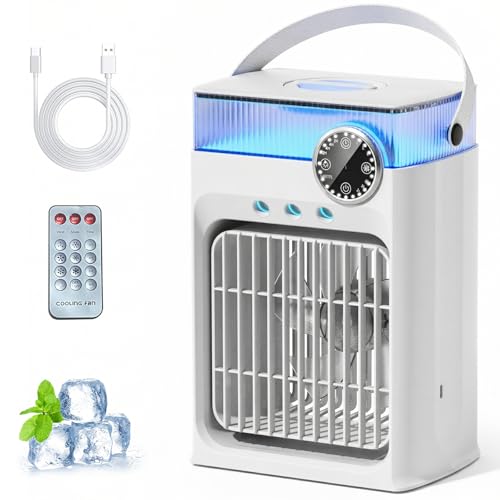 YFFU Portable Air Conditioner with Remote Control,1200ml Evaporative USB Mini Air Cooler RGB 8 Lights,3 Wind Speed,3 Spray Modes,2-8H Timer Small Portable Ac Unit for Home Bedroom,Cold white