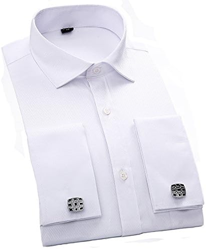 Men's Shirts French Cuff Solid Regular Fit Long Sleeve Dress Shirts With Metal Cufflinks And Metal Collar Stays (Size: 17"Neck / 34"-35"Sleeve, White Style 2)