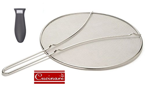 Cucinare 13" Premium Splatter Screen Guard with Double Thick Mesh for Covering Pots and Pans while Cooking, Stainless Steel with Finest Woven Mesh and Resting Feet Plus Silicone Holder for Frying Pans