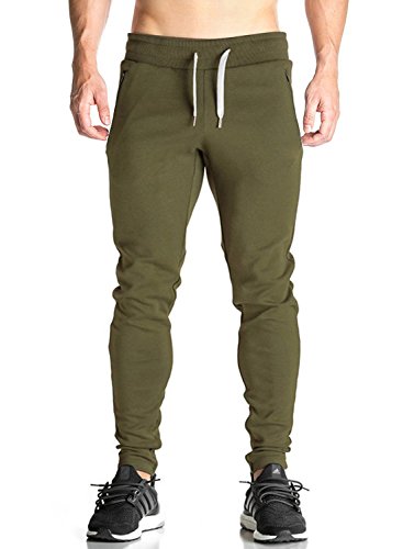 Ouber Men's Fitted Jogger Pants Gym Workout Running Sweatpants with Zipper Bottom (Armygreen,M)