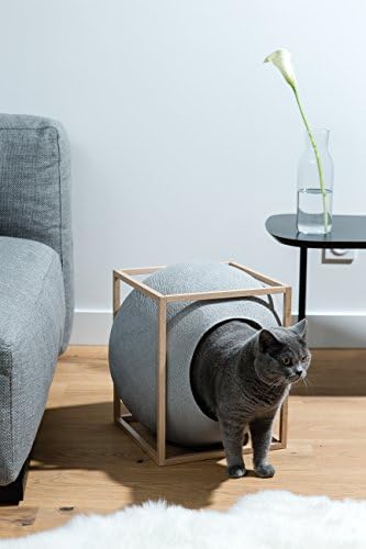 Meyou Paris - The CUBE LIGHT GREY WOOD EDITION. Bed, cozy shelter and claw scratcher - Light grey cocoon / camel pillow / solid beech mat varnish frame