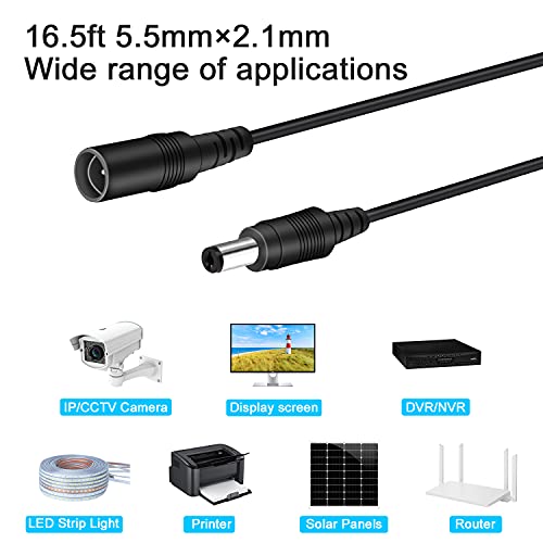 WildHD DC Power Extension Cable 16.5ft 2.1mm x 5.5mm Compatible with