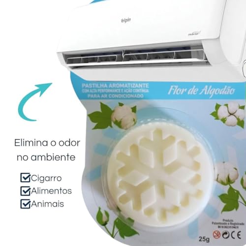Pastilha Bactericida Aromatizante para Ar Condicionado Split – FLOR DE ALGODÃO (25g) Higienizadora Ação Neutralizadora de odores Aroma Contínuo ELIMINA MAU CHEIRO