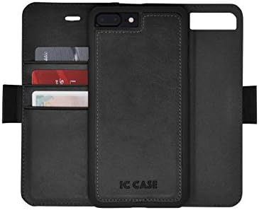 IC CASE Iphone 7 Plus Wallet Case with Detachable SlimCase, Genuine Leather, RFID Protection, H/V Stands, Gift Box - Black