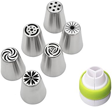 6 Piece Large Size Russian Icing Piping Tips for Cake or Cupcake Decoration Kits,Make Flowers in Seconds,Color Couplers Included