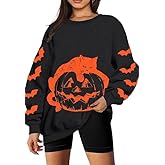 IsPICK Black Cat on Pumpkin Oversized Sweatshirt Halloween Sweatshirts for Women Fall Pumpkin Face Long Sleeve Pullover Tops