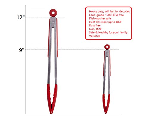 HiramWare Kitchen Tongs Set of 2 - 9 inch & 12 inch - Stainless Steel Food Tongs with Silicone Tips - Premium Locking Non-stick Tongs for Cooking, BBQ, Grilling, Salad - Heavy Duty, BPA Free(Red)