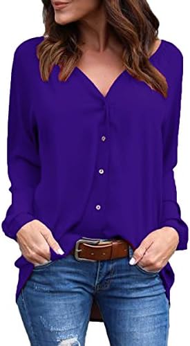 Sunfury Sexy Plus Size V Neck High Low Cardigans for Women CuffsLong Sleeve Button Up Blouse Solid Color Tops Sapphire Blue XX-Large
