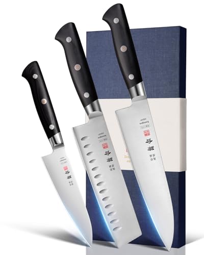 kanngou Chef Knife Set 3PCS Kitchen Knives with Japanese AUS-8 Alloy Steel, Japanese Knife Set with Full-Tang Pakkawood Handle and Premium Gift Box (Classic Series)