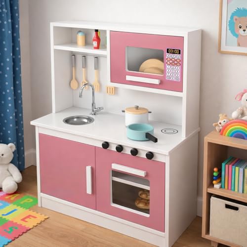 Cozinha Infantil Encanto Completa Nicho Forno Micro-Ondas Ganchos Porta Utensílios Torneira Metálica Pia Fogão Cooktop Armário Criança Menina Menino - RP Online (Branco/Rosa)