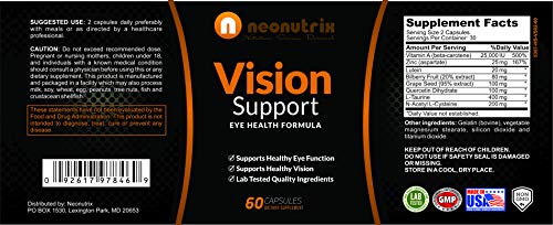 Vision Support Eye Health Supplements with Quercetin Dihydrate 100mg - Essential Eye Vitamins, Lutein 20mg & Bilberry Extract for Eye Care - Vision Supplements - 60 Vegetable Capsules by Neonutrix