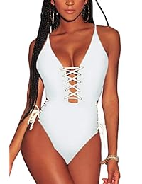 Almaree Traje de baño de una pieza con encaje cruzado y correa de espagueti para mujer