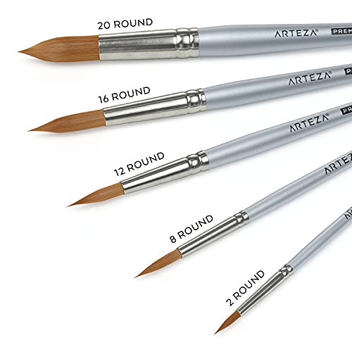 Arteza Watercolor Paint Brushes, Set of 5, Round Synthetic SoftBristle