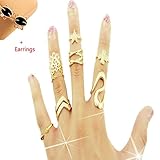 Yoyorule Women Clover Leaf Star Joint Knuckle Nail Ring Set of 7 Rings+Cat Stud Earrings