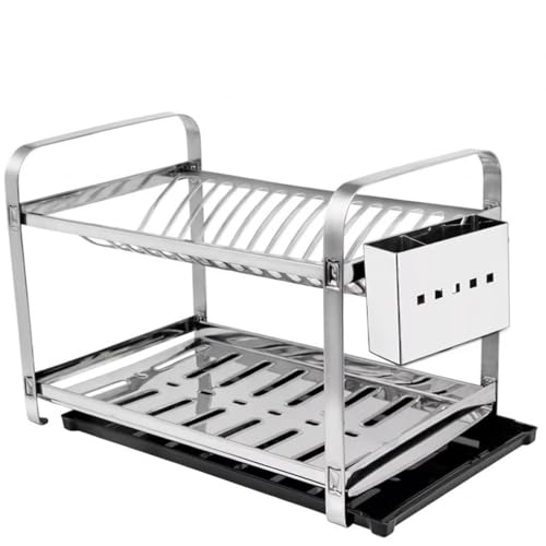 Escorredor de Pratos 2 Andares em Aço Inox com Suporte Removível para Talheres Capacidade para até 16 Pratos (Com Bandeja)