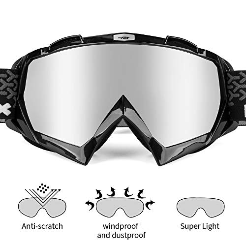 BATFOX Motorcycle ATV Goggles Dirt Bike Motocross Safety ATV Tactical Riding Motorbike Glasses Goggles for Men Women Youth Fit Over Glasses UV400 Protection Shatterproof (Black&Silver)