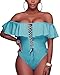 Tempt Me Women Aqua Blue Sexy One Piece Swimsuit Ruffled Off Shoulder Lace Up Bathing Suit XXL