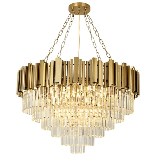 AOOCHOK Modern Gold Crystal Chandelier, Round Crystal Hanging Chandeliers, Ideal for Living Room, Dining Room, Bedroom and Restaurant, Φ80cm