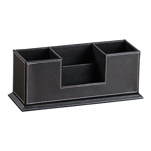 PU Leather Multi-function Desk Stationery Organizer Storage Box Pen Pencil Holder Business Cards Stand Mobile Phone/Remote Control Holder Office Supplies Holder Collection Desktop Organizer(Black)