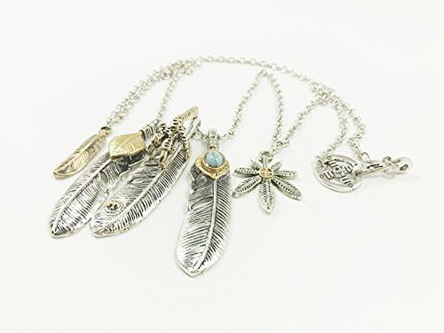 Art Deco National Style Vintage Retro Alloy Feather Artificial Turquoise And Flower Pendant With Long Chain Necklace