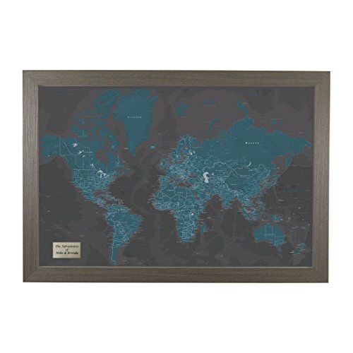 Push Pin Travel Maps Personalized Midnight Dream World with Barnwood
Gray Frame and Pins 24 x 36