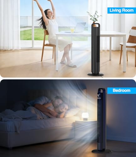 Ventilatore a Torre 91cm, Ventilatore a Piantana con 4 Velocità, Oscillazione 70°, Timer 1-12h, Telecomando 5m, Silenzioso (<60dB), LED Touch, Simula Vento Naturale – per Camera, Soggiorno, Ufficio