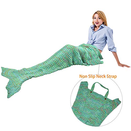 Catalonia Mermaid Tail Blanket with Anti-Slip Neck Strap, Soft Silky Hand Knitted Mermaid Sleeping Blanket for Girls Women Adults Teens All Seasons Sleeping Bag Green 66.5
