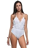 Clothink Women White/Black Spaghetti Strap Lace Cross Back Plain Bodysuit