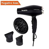 VASLON 1875W AC Salon Grade Professional Tourmaline Ceramic and Ionic Negative Ions Hair Dryer With 3 Heat 2 Speed With Cool Shot Button ,Attachments Include Two Concentrators & Diffuser ,Black
