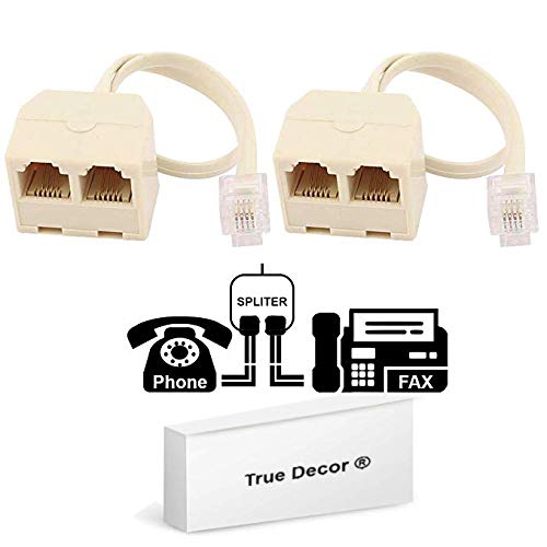 Two Way Telephone Splitters, RJ11 6P4C, 1 Male to 2 Female Converter, Telephone Wall Adaptor and Splitter for Landline Telephone by True DÃ©cor (2 Pack)