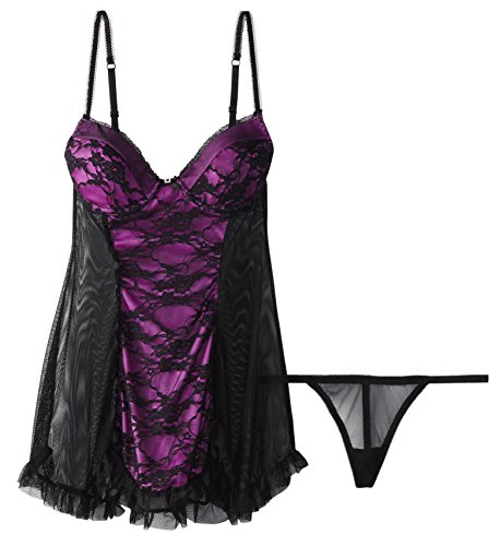 Cinema Etoile Women's Andrea Stretch Lace and Fishnet Molded Cup Babydoll, Black/Pinkberry, Large