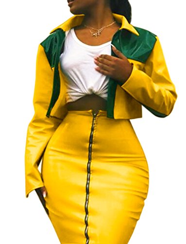 Sedrinuo Sexy 2 Piece Outfits Long Sleeve Light PU Top and Skirt Party Club Dress Sets Yellow 6/8