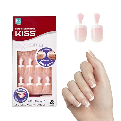 Kiss Everlasting French Nail Manicure, Chip-Free with Flexi-Fit Technology, Real Short, "Endless", Nail Kit with Pink Nail Glue (Net Wt. 2 g / 0.07oz.), Mini File, Manicure Stick, and 28 Fake Nails