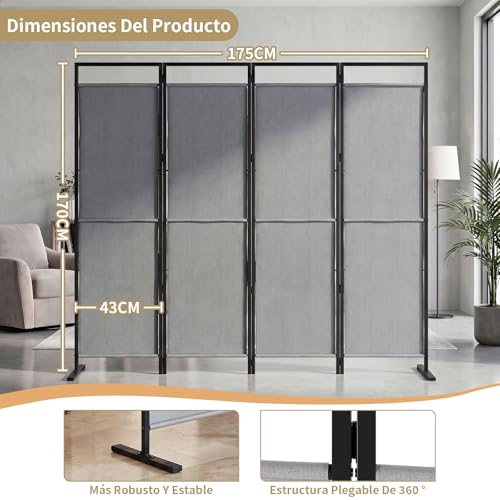 SIMPLE ESPACIO Biombo de privacidad Plegable de Cuatro Paneles, Base ensanchada, Divisor portátil, Dimensiones del Panel 175 cm de Ancho x 170 cm de Alto (Gris)