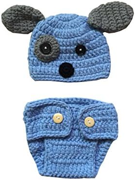 Ufraky Newborn Baby Photography Props Blue Puppy Dog Handmade Crochet Knit Hat Diaper Outfit