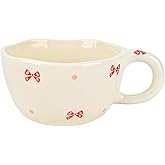 Koythin Ceramic Coffee Mug, Handmade Hot Chocolate Mugs, Cute Cup for Girl Women, Aesthetic Tea Milk Cup with Handle, 8.5 oz/250 ml for Latte, Cocoa, Office, Home (Cute Bow)