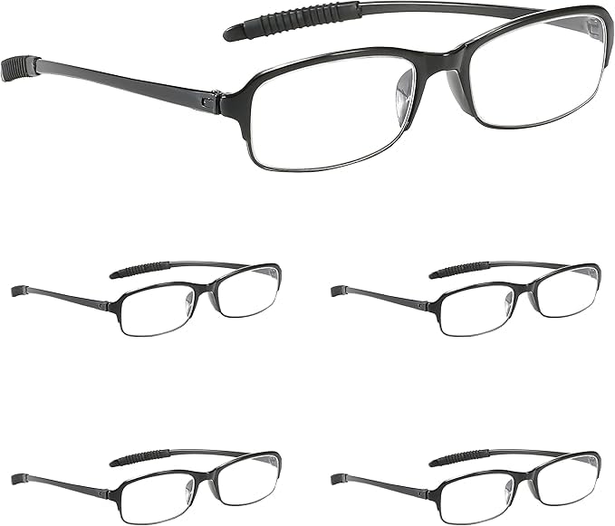 NRDIK PROFLEX SpareSpecs Reading Glasses (value 5 pack) - lightweight, impact resistant, scratch resistant, bendy, flexible, anti-slip, unisex (mens + womens) (black, oval, +2.0)