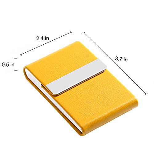JuneLsy Business Card Holder - Professional PU Leather Business Card Case Metal Name Card Holder Pocket Business Card Carrier for Men & Women with Magnetic Shut (Yellow)