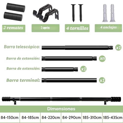 Extendable Curtain Rod Stainless Steel Adjustable Curtain Rods with Brackets for Living Room, Bedroom, Diameter 25 mm, 84 – 220 cm (Silver)