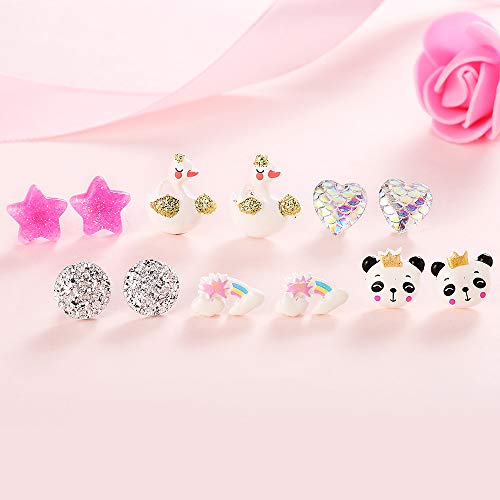 PinkSheep Earrings Set for Little Girls, Kids Stud Earring 12 Pair, Unicorn Flower Star Earrings - Thumbnail 2