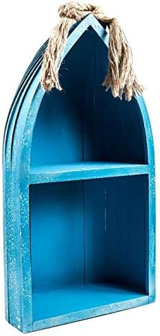 Blue Distressed Boat Standing Shelf Jute Rope Nautical Beach Decor