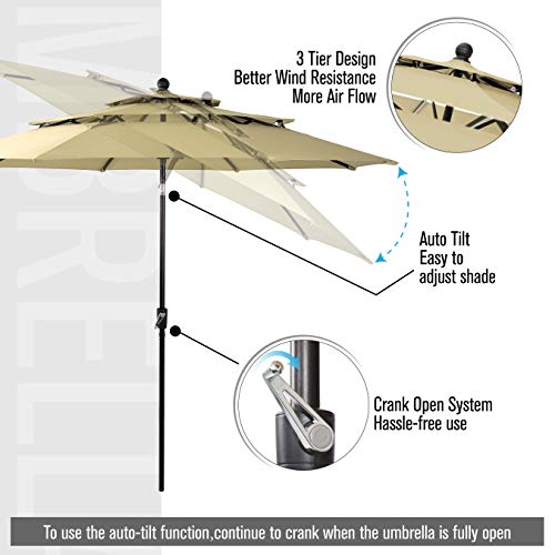 PHI VILLA 10ft 3 Tier Autotilt Patio Umbrella Outdoor Double Vented