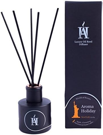AromaHoliday Oil Reed Diffuser - Unique NYC Earthy Home Fragrance in Black. With Love/First Class AHL Airport style gift Tag and Branded Plane/Heart Box.