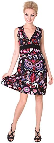 Chic Mariposa Trendy Owl Paisley Printed Women’s Summer Dress – Black / Purple - M