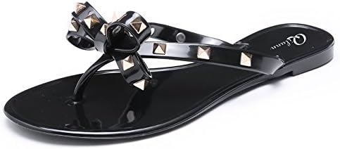 Qilunn Womens Rivets Bowtie Flip Flops Jelly Thong Sandal Rubber Flat Summer Beach Rain Shoes
