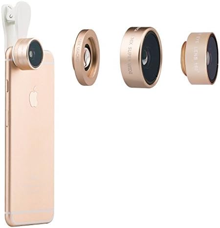 CEStore Professional 3 in 1 Clip-on Lens Kits, 0.36X Super Wide Angle + 15X Macro + 180 Degree Fisheye Len Digital Camera Lens for iOS Android Smartphone Tablets PC with Thread Clip Holder Gold